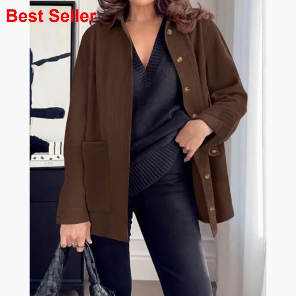 Faux Suede Jacket Long Sleeve Button Down Relaxed Fit Trench Coat - Picture 5 of 7